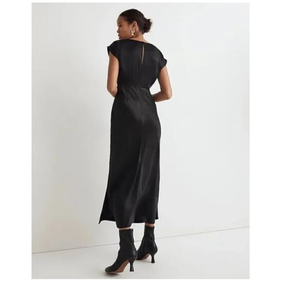 Madewell Wide V-Neck Drapey Satin Midi Dress Black Size 0/XS NWT - Picture 3 of 11